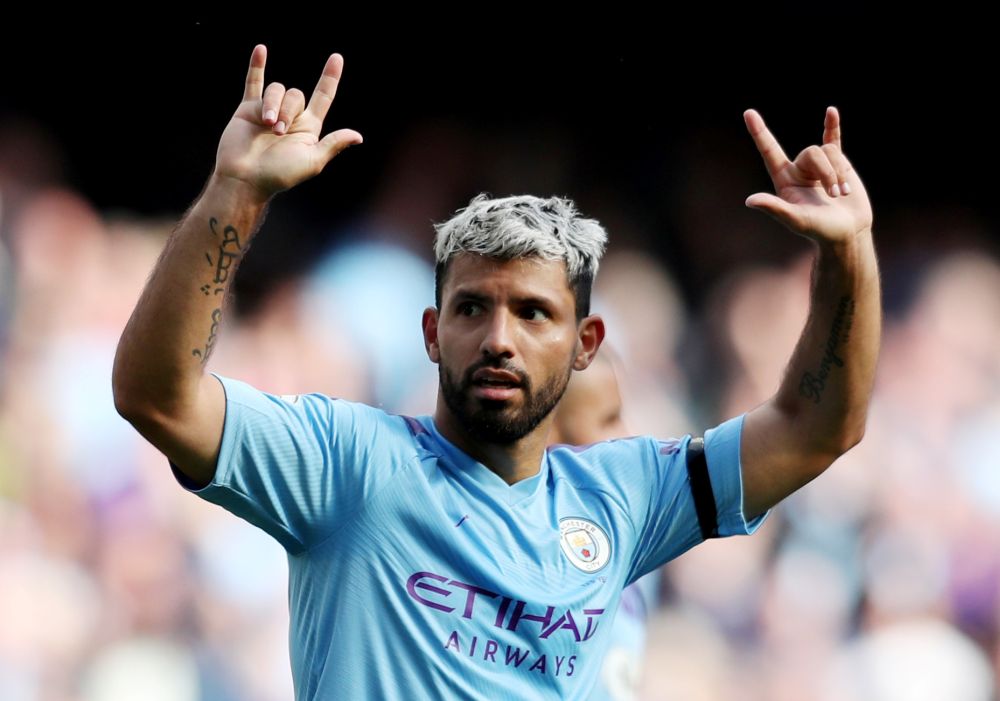Manchester City's Sergio Aguero celebrates scoring their third goal against Brighton. u00e2u20acu201d Reuters pic