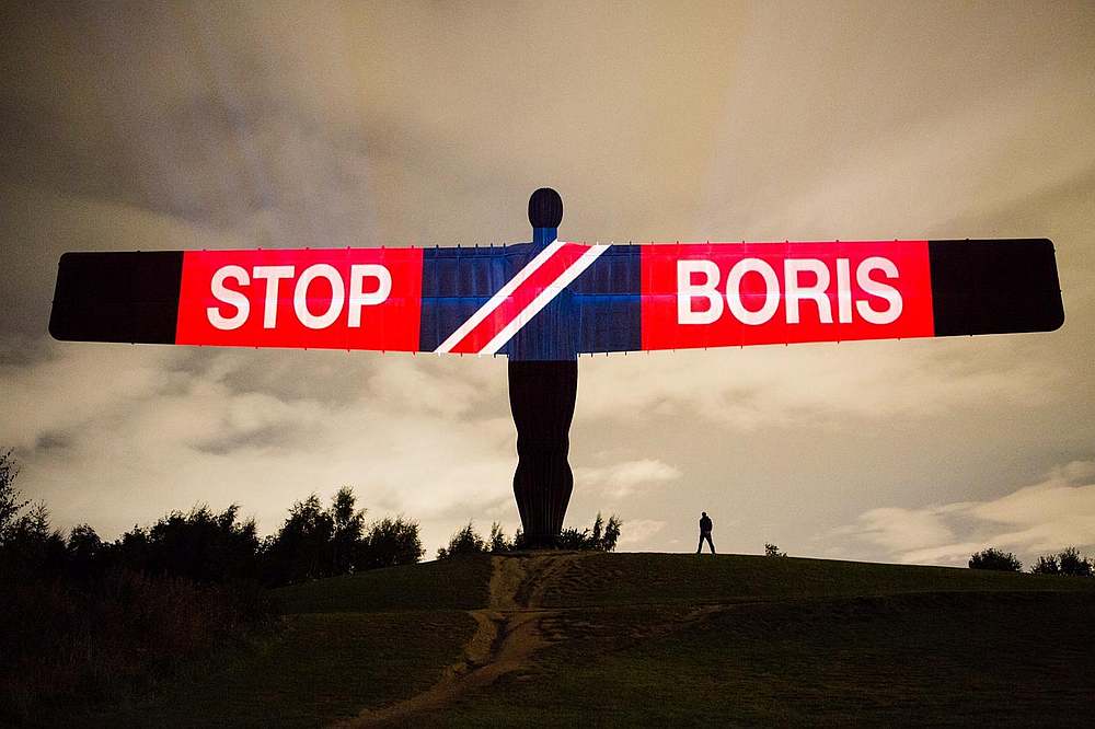 Anti-Brexit and Boris Johnson messages are projected onto the Angel of the North sculpture in Gateshead, Britain September 3, 2019. u00e2u20acu201d LED BY DONKEYS/social media pic via Reutersn