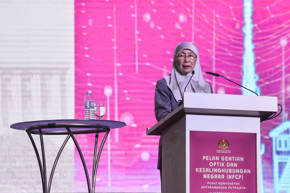 Deputy Prime Minister Datuk Seri Dr Wan Azizah Wan Ismail speaks during the launch of the National Fiberisation and Connectivity Plan (NFCP) in Kuala Lumpur September 19, 2019. u00e2u20acu2022 Picture by Miera Zulyana
