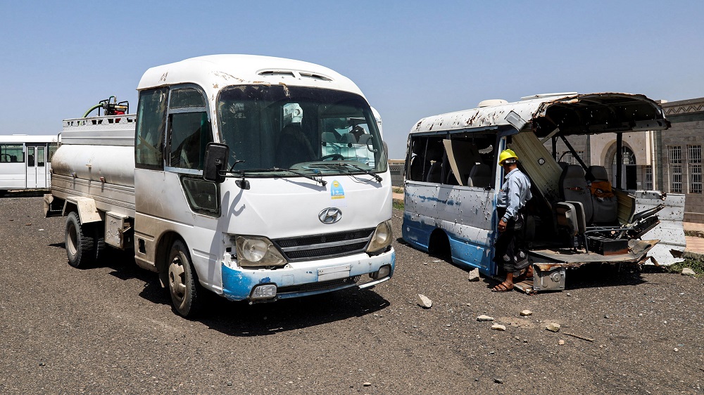 A university bus transformed into a water tank is parked next to its damaged other half in a neighbourhood of Yemenu00e2u20acu2122s third city of Taiz September 21, 2019. u00e2u20acu201d AFP pic       