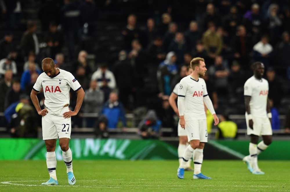 Tottenham Hotspur players react to conceding their seventh goal during the Uefa Champions League Group B match with Bayern Munich at the Tottenham Hotspur Stadium in London October 1, 2019. u00e2u20acu201d AFP pic