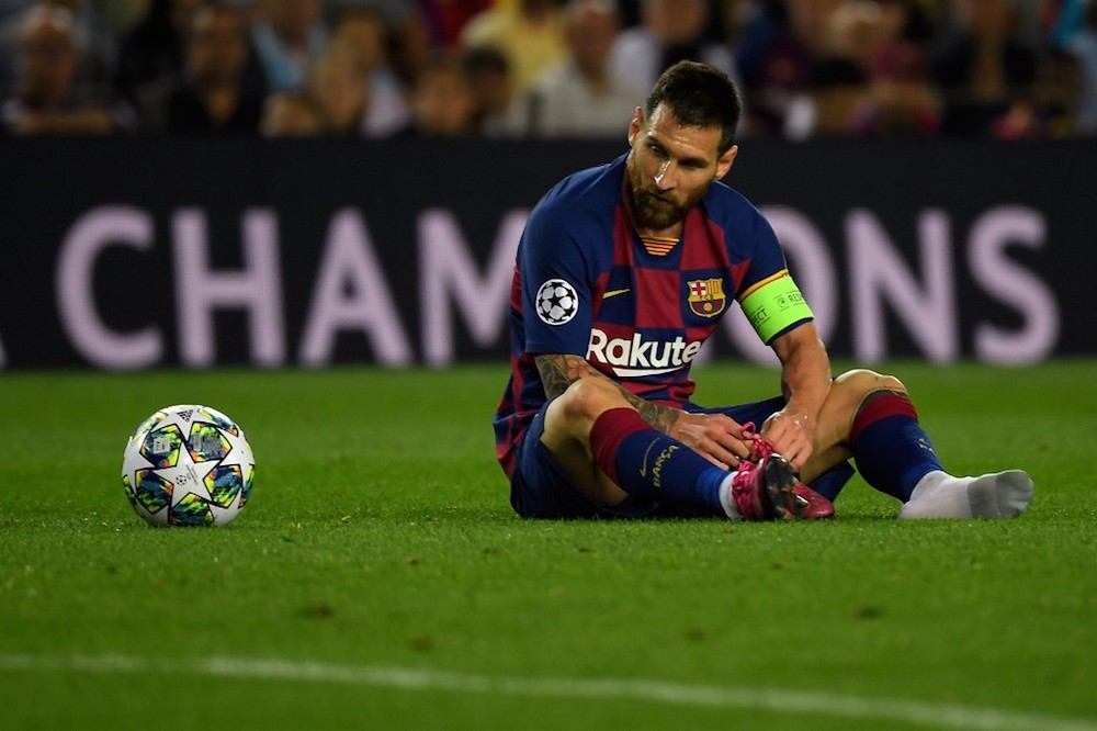 Barcelonau00e2u20acu2122s Lionel Messi loses a shoe during the Uefa Champions League Group F match with Inter Milan at Camp Nou in Barcelona October 2, 2019. u00e2u20acu201d AFP pic