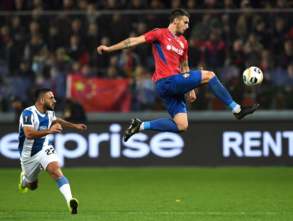 Espanyolu00e2u20acu2122s Matias Vargas (left) fights for the ball with CSKA Moscowu00e2u20acu2122s Arnor Sigurdsson during their Uefa Europa League Group H match at CSKA Arena in Moscow October 3, 2019. u00e2u20acu201d AFP pic