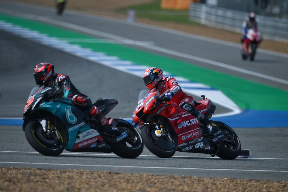 Petronas Yamaha SRTu00e2u20acu2122s Fabio Quartararo (left) and Ducati Teamu00e2u20acu2122s Andrea Dovizioso enter the pitlane during the second practice session of Thailandu00e2u20acu2122s MotoGP at Buriram International Circuit October 4, 2019. u00e2u20acu201d AFP pic