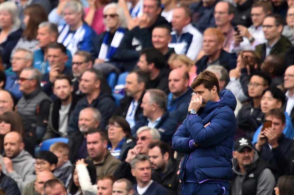Tottenham Hotspuru00e2u20acu2122s manager Mauricio Pochettino reacts during the Premier League match with Brighton at the American Express Community Stadium in Brighton October 5, 2019. u00e2u20acu201d AFP pic