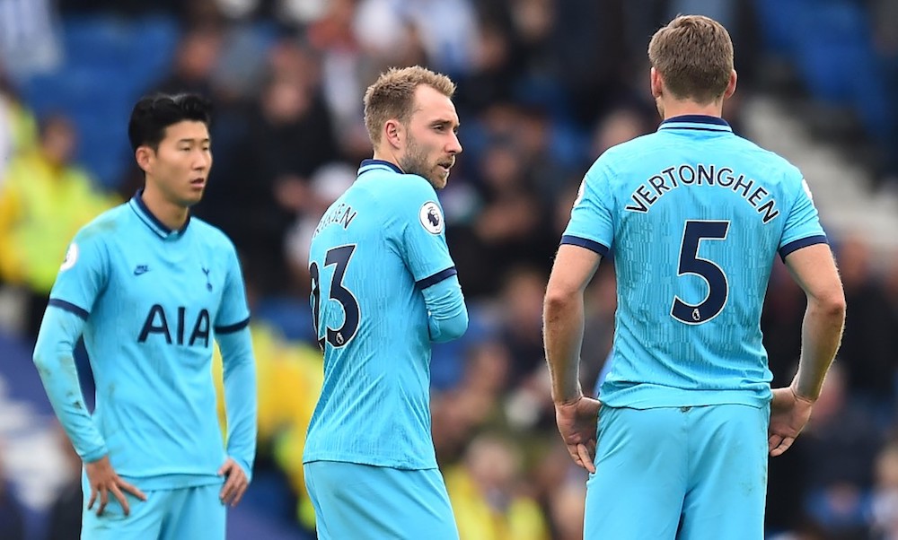 Tottenham Hotspur’s Son Heung-min, Christian Eriksen and Jan Vertonghen wait for the start of the second half during the Premier League match with Brighton at the American Express Community Stadium in Brighton October 5, 2019. — AFP pic