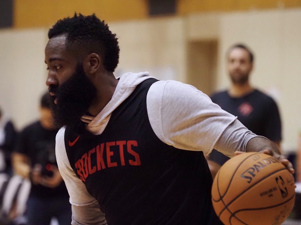 Houston Rockets guard James Harden dribbles the ball during a training session by the NBA basketball team in Tokyo October 7, 2019. u00e2u20acu201d AFP pic