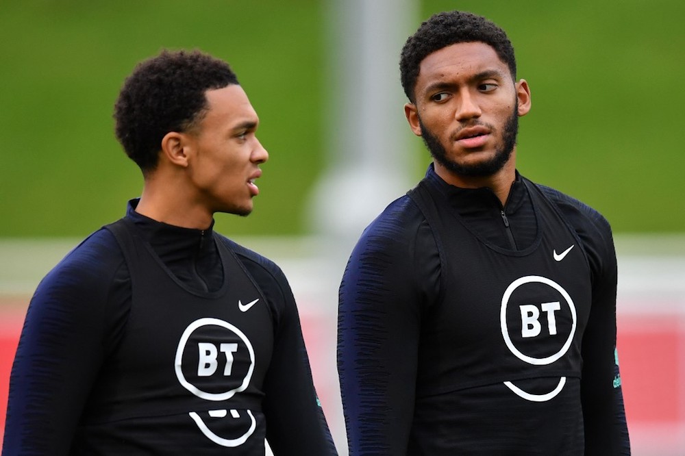 Englandu00e2u20acu2122s Trent Alexander-Arnold (left) and Joe Gomez attend a team training session at St Georgeu00e2u20acu2122s Park in Burton-on-Trent October 7, 2019. u00e2u20acu201d AFP pic