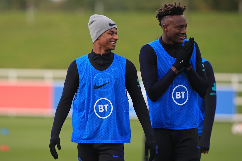 Englandu00e2u20acu2122s Marcus Rashford and Tammy Abraham (right) attend a team training session at St Georgeu00e2u20acu2122s Park in Burton-on-Trent October 10, 2019. u00e2u20acu201d AFP pic