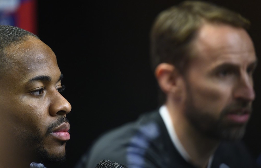 Englandu00e2u20acu2122s Raheem Sterling and coach Gareth Southgate attend a press conference at the Sinobo Arena in Prague October 10, 2019, on the eve of the Uefa Euro 2020 qualifier Group A match with Czech Republic. u00e2u20acu201d AFP pic