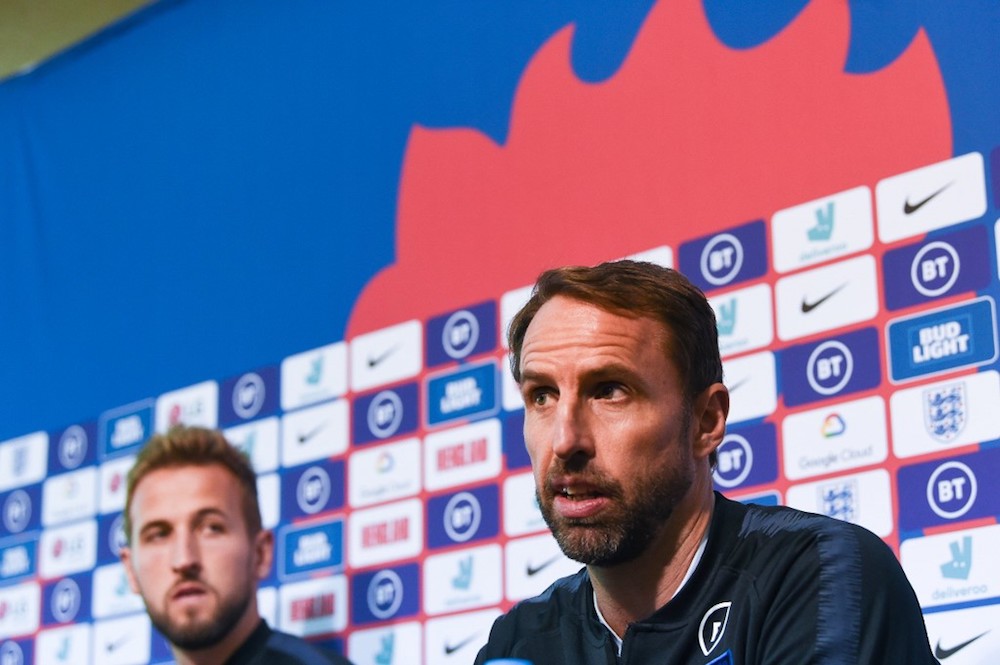 England manager Gareth Southgate speaks next to forward Harry Kane during a press conference at the Vassil Levski Stadium in Sofia October 13, 2019. u00e2u20acu201d AFP pic