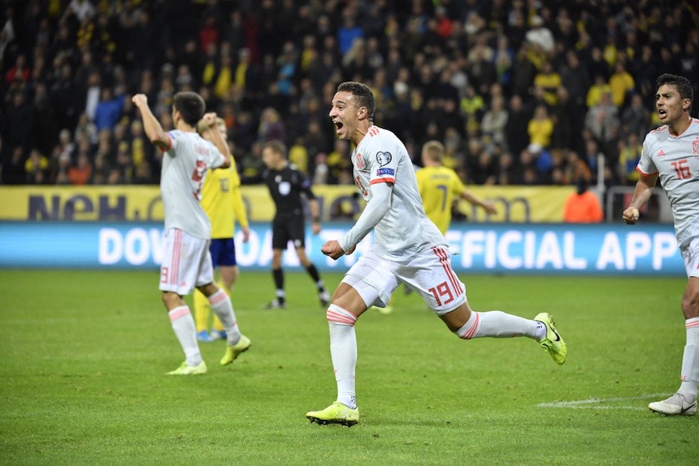 Spainu00e2u20acu2122s forward Rodrigo celebrates after scoring the 1-1 equaliser during the Uefa Euro 2020 Group F qualification match with Sweden in Solna, Sweden October 15, 2019. u00e2u20acu201d AFP pic