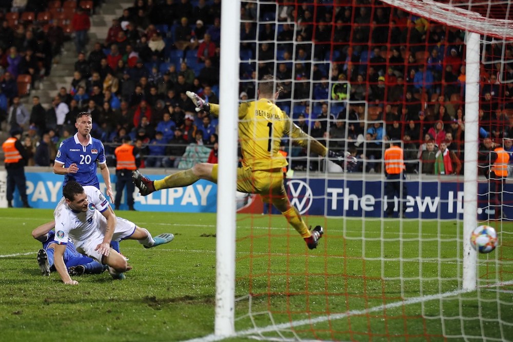 Italyu00e2u20acu2122s Andrea Belotti scores a goal during the Euro 2020 Group J qualification match with Liechtenstein at the Rheinpark Stadium in Vaduz October 15, 2019. u00e2u20acu201d AFP pic