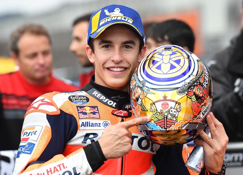 Repsol Honda Team rider Marc Marquez of Spain celebrates his pole position after the MotoGP qualifying session of the Japanese Grand Prix at the Twin Ring Motegi circuit in Motegi, Tochigi prefecture October 19, 2019. u00e2u20acu201d AFP pic