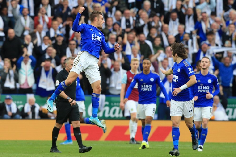 Leicester City’s Jamie Vardy celebrates after scoring their first goal during the Premier League match with Burnley at King Power Stadium in Leicester October 19, 2019. — AFP pic