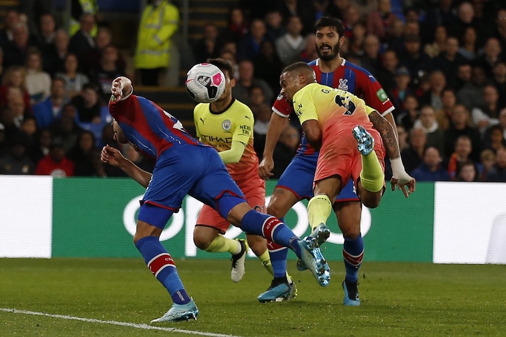 Manchester Cityu00e2u20acu2122s Gabriel Jesus heads the opening goal of the Premier League match with Crystal Palace at Selhurst Park in south London October 19, 2019. u00e2u20acu201d AFP pic