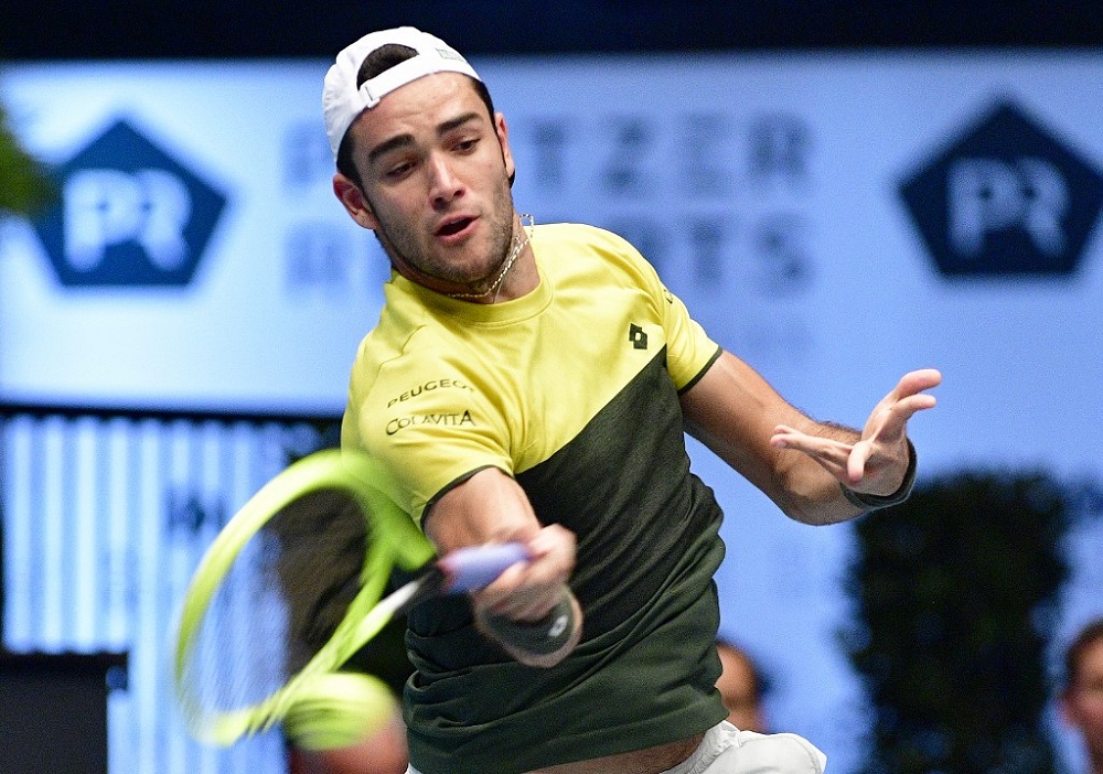 Italyu00e2u20acu2122s Matteo Berrettini returns during the match against Great Britainu00e2u20acu2122s Kyle Edmund (unseen) at the ATP Open Tennis tournament in Vienna October 21, 2019. u00e2u20acu201d AFP pic