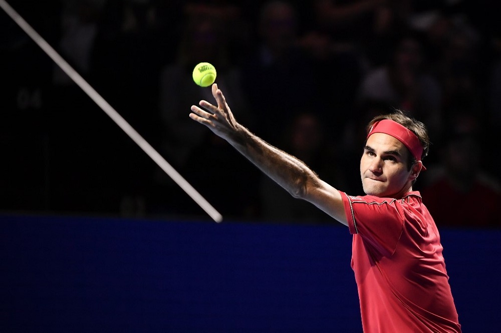 Roger Federer serves a ball against Peter Gojowczyk during the 1,500th match of his career at the opening day of the Swiss Indoors tennis tournament in Basel October 21, 2019. u00e2u20acu201d AFP pic