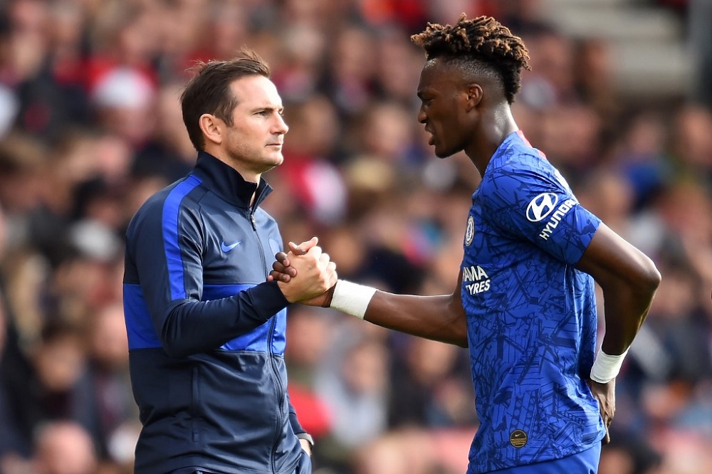 Chelsea's head coach Frank Lampard (left) shakes hands with striker Tammy Abraham as he's substituted during the match against Southampton at St Mary's Stadium in SouthamptonOctober 6, 2019. u00e2u20acu201d AFP pic