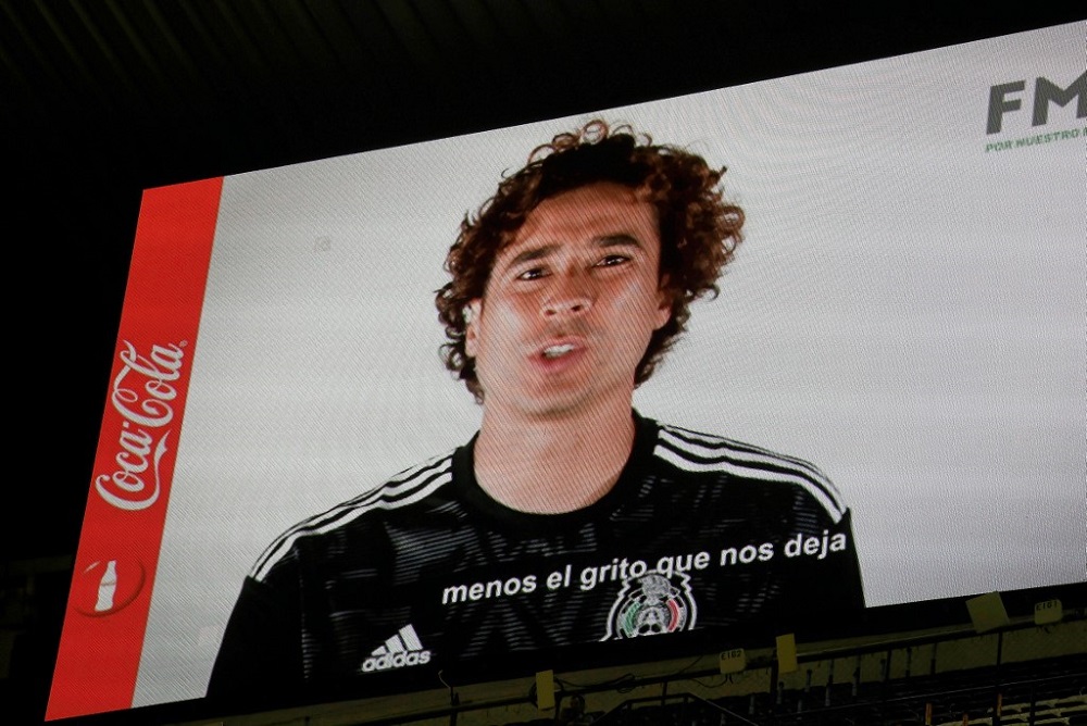 View of a screen broadcasting a campaign video in which Mexican goalkeeper Guillermo Ochoa urges football fans not to use homophobic chants, at the Azteca Stadium in Mexico City October 15, 2019. u00e2u20acu201d AFP pic