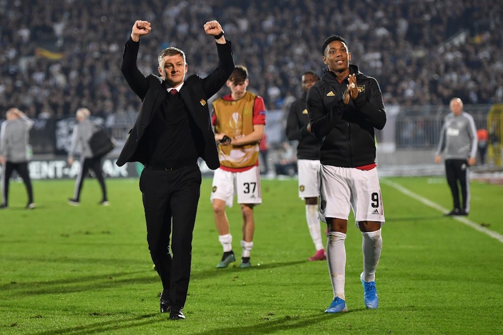 Manchester Unitedu00e2u20acu2122s manager Ole Gunnar Solskjaer and striker Anthony Martial gesture at the final whistle during the Uefa Europa League Group L match with Partizan Belgrade at Partizan stadium in Belgrade October 24, 2019. u00e2u20acu201d AFP pic
