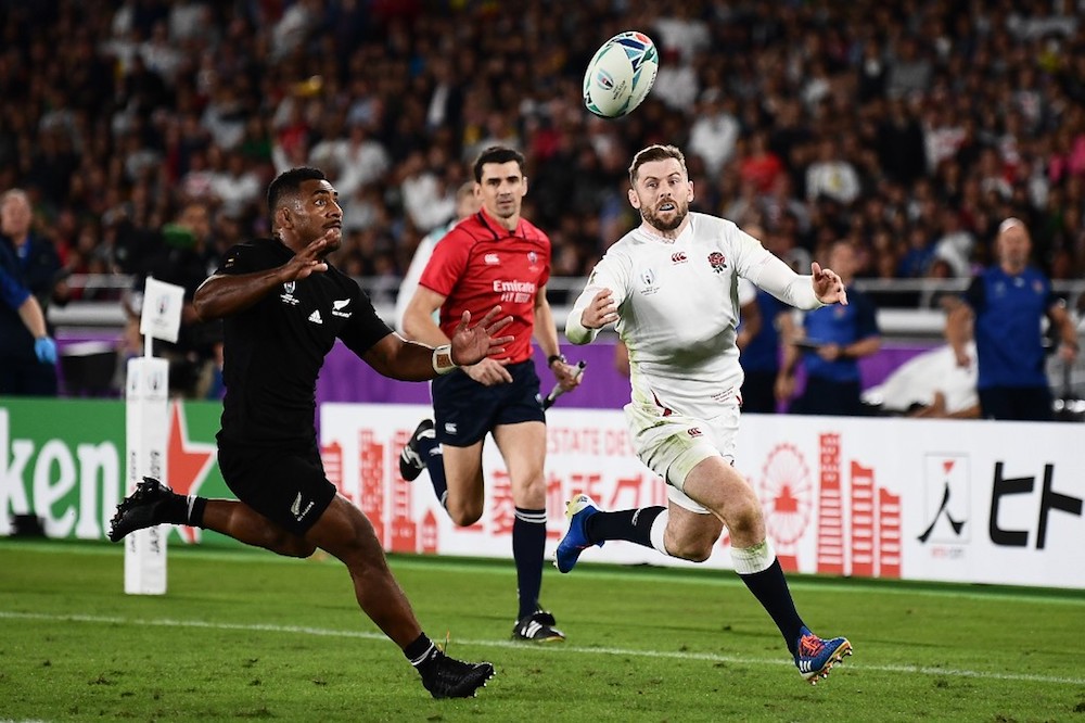 New Zealandu00e2u20acu2122s wing Sevu Reece and Englandu00e2u20acu2122s full back Elliot Daly reach for the ball during the 2019 Rugby World Cup semi-final match at the International Stadium Yokohama in Yokohama on October 26, 2019. u00e2u20acu201d AFP pic