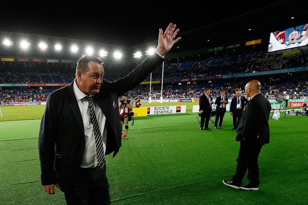 New Zealandu00e2u20acu2122s head coach Steve Hansen waves to the crowd after losing the 2019 Rugby World Cup semi-final match with England at the International Stadium Yokohama October 26, 2019. u00e2u20acu201d AFP pic