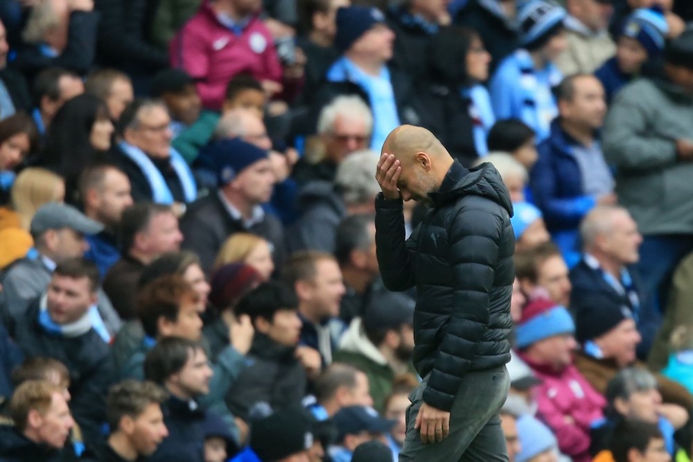 Manchester Cityu00e2u20acu2122s manager Pep Guardiola gestures during the Premier League match with Aston Villa at the Etihad Stadium in Manchester October 26, 2019. u00e2u20acu201d AFP pic