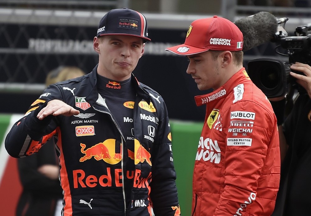 Red Bullu00e2u20acu2122s Max Verstappen speaks with Ferrariu00e2u20acu2122s Charles Leclerc during the Mexico Grand Prix qualifying session at the Hermanos Rodriguez circuit in Mexico City October 26, 2019. u00e2u20acu201d AFP pic