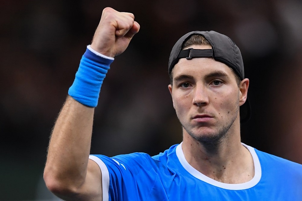 Jan-Lennard Struff celebrates after winning against Karen Khachanov (not pictured) during their menu00e2u20acu2122s singles tennis match on day two of the ATP World Tour Masters 1000 in Paris October 29, 2019. u00e2u20acu201d AFP pic