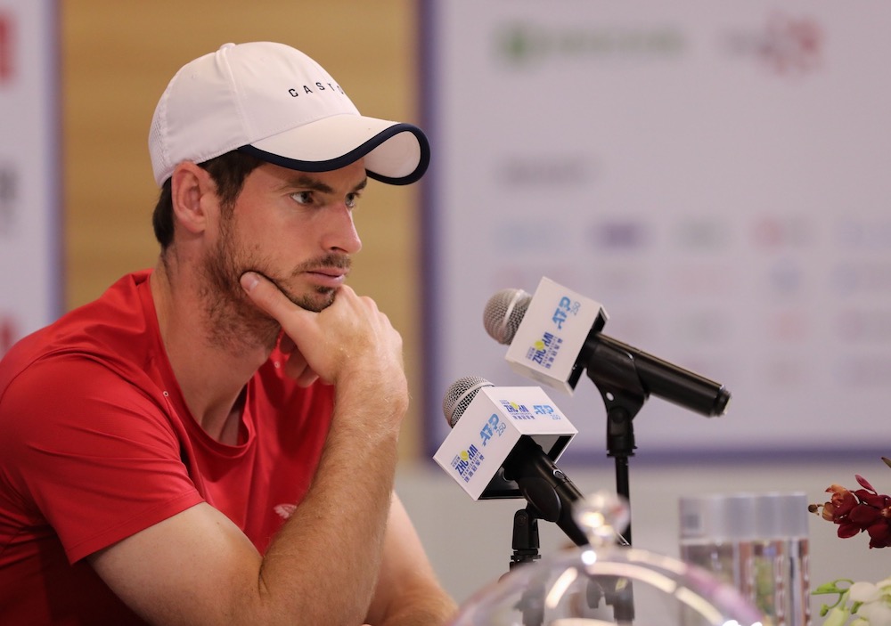 Britain's tennis player Andy Murray attends a press conference ahead of the ATP Zhuhai Championships in Zhuhai. u00e2u20acu201d STR/AFP pic