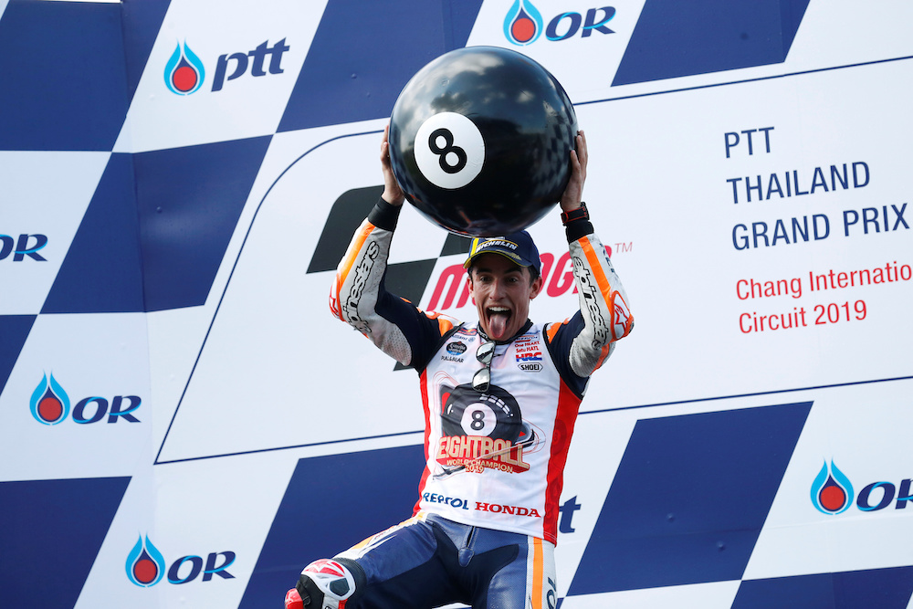 Repsol Honda's Marc Marquez celebrates his win on the podium after the race, October 6, 2019. u00e2u20acu201d Reuters pic
