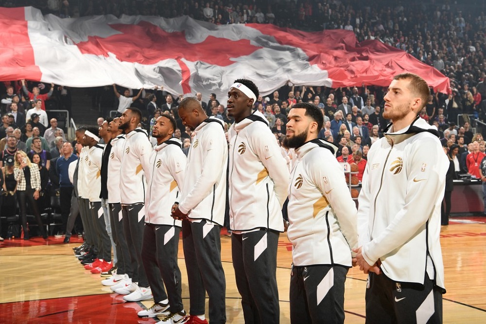 The Toronto Raptors stand for the National Anthem before the game against the New Orleans Pelicans at the Scotiabank Arena in Toronto October 22, 2019. u00e2u20acu201d AFP pic