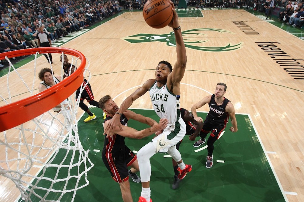 Giannis Antetokounmpo of the Milwaukee Bucks dunks the ball against the Miami Heat at the Fiserv Forum in Milwaukee, Wisconsin October 26, 2019. u00e2u20acu201d AFP pic