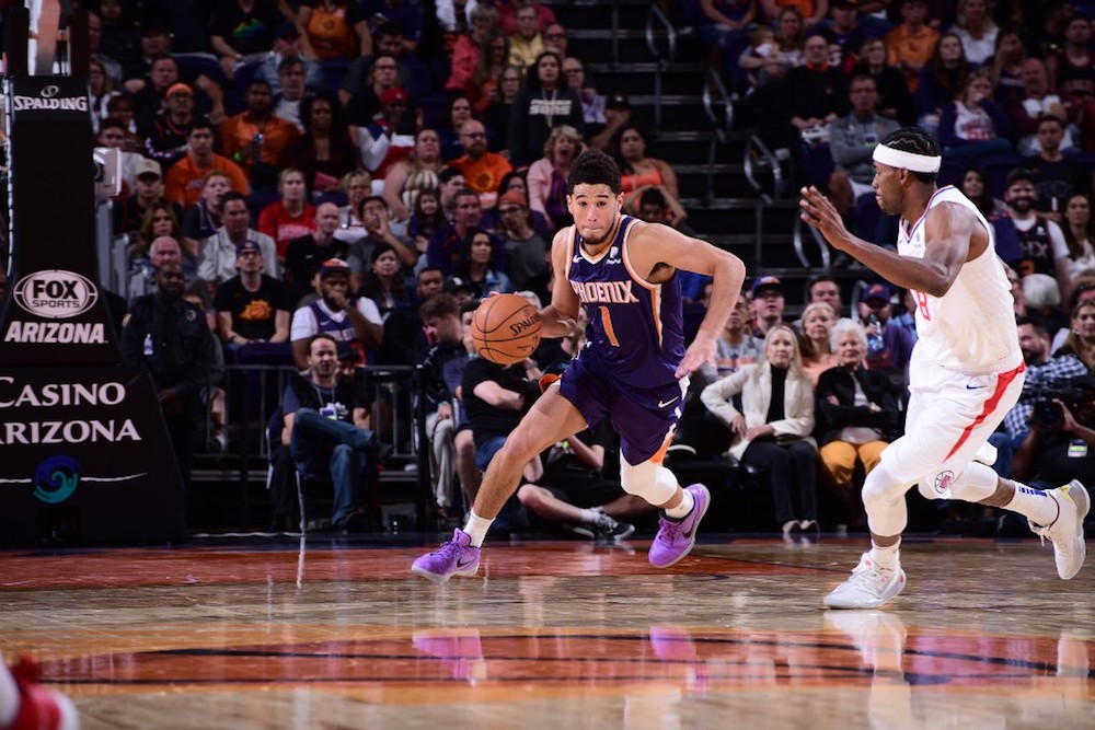Devin Booker of the Phoenix Suns handles the ball against the LA Clippers at Talking Stick Resort Arena in Phoenix, Arizona October 26, 2019. u00e2u20acu201d AFP pic