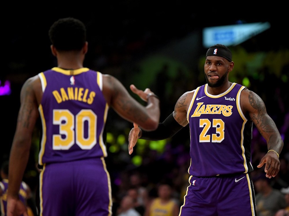 LeBron James of the Los Angeles Lakers celebrates a Troy Daniels three pointer during a 95-86 Lakers win over the Utah Jazz at Staples Centre in Los Angeles October 25, 2019. u00e2u20acu201d AFP pic