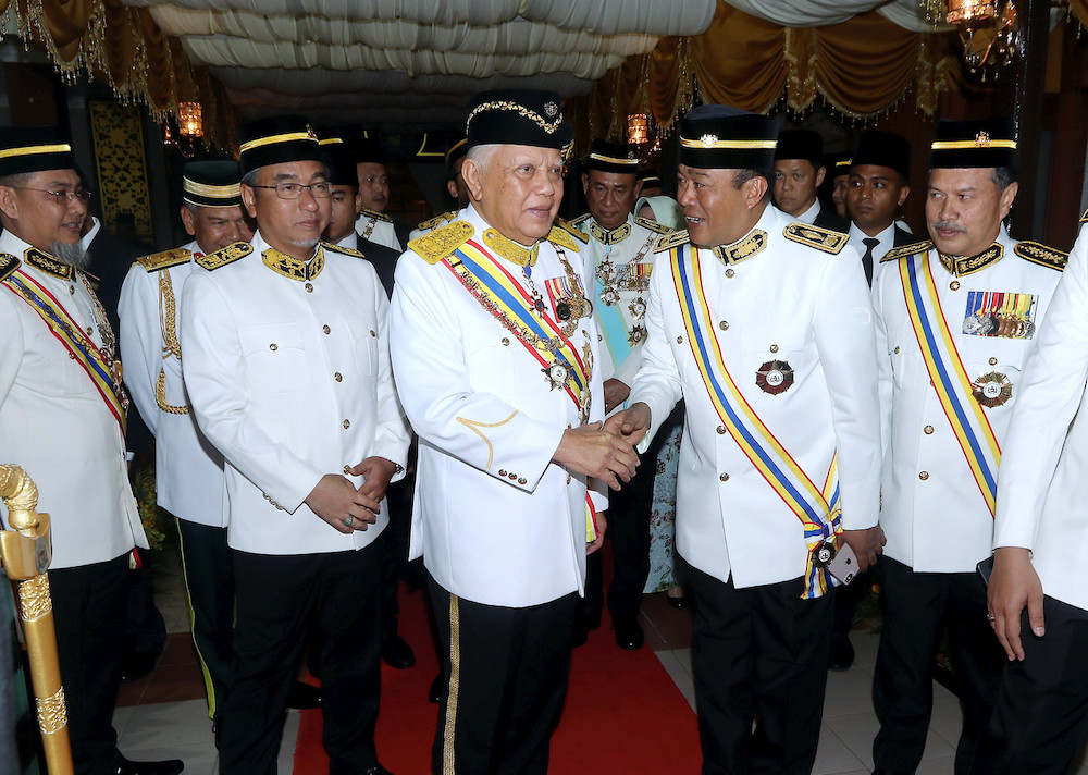Chief Minister Adly Zahari (2nd left) at the 2019 Melaka State investiture ceremony held in conjunction with the 81st birthday of the Yang Dipertua Negeri Melaka Tun Dr Mohd Khalil Yaakob. u00e2u20acu201d Bernama pic