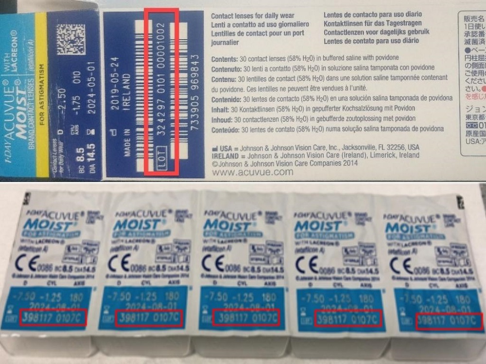 Six lots of 1-Day Acuvue Moist contact lenses for astigmatism have been voluntarily recalled.u00e2u20acu201dPicture courtesy of Acuvue via TODAY