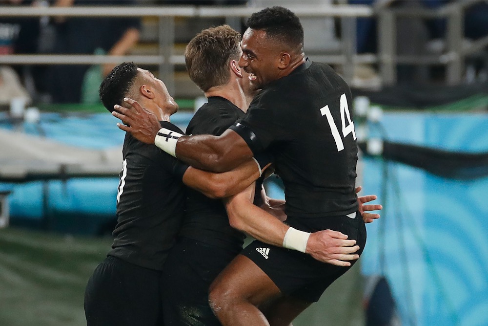 New Zealand's full back Beauden Barrett is congratulated by New Zealand's fly-half Richie Mo'unga (left) and New Zealand's wing Sevu Reece after scoring a try during the quarter-final match against Ireland in Tokyo October 19, 2019. u00e2u20acu201d AFP pic