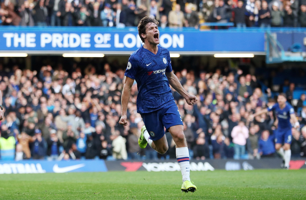 Chelsea's Marcos Alonso celebrates scoring their first goal during their Premier League match with Newcastle at Stamford Bridge in London October 19, 2019. — Reuters pic 