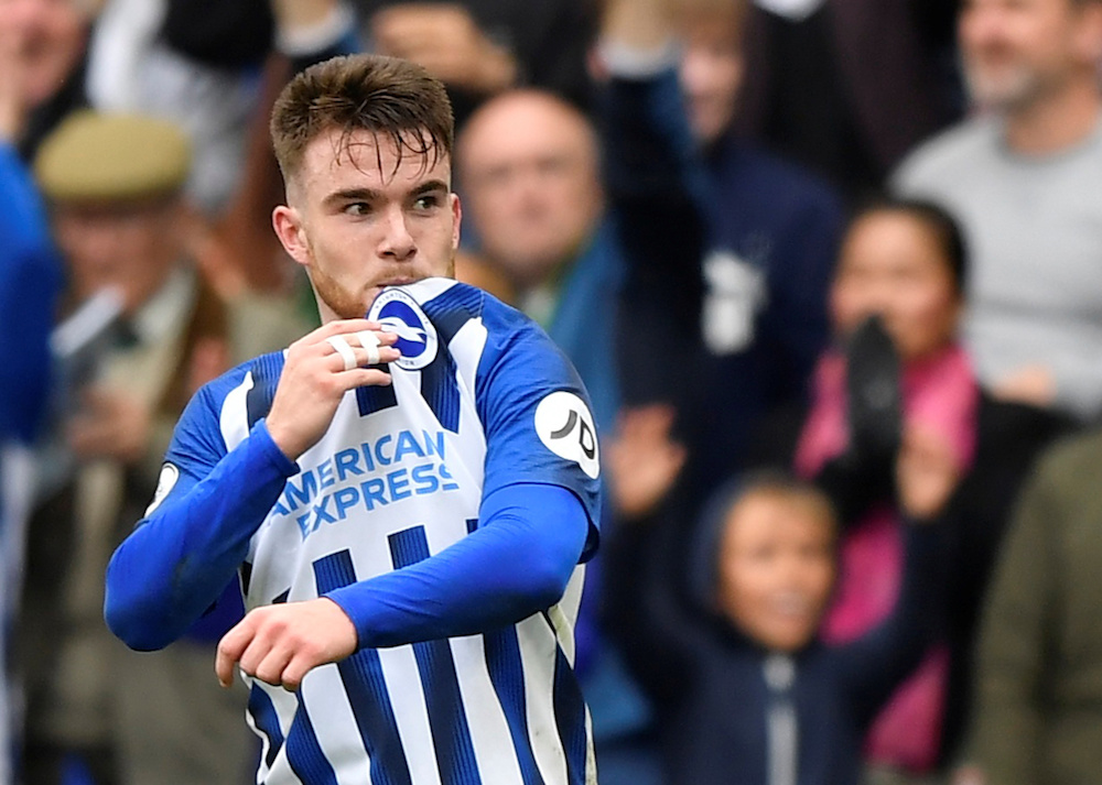 Brighton and Hove Albion’s Aaron Connolly celebrates scoring their third goal during their Premier League match with Tottenham Hotspur in Brighton October 5, 2019. — Reuters pic