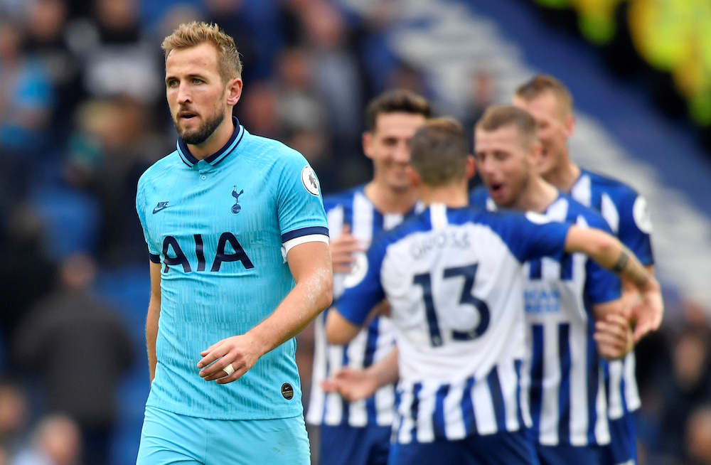 Tottenham Hotspur’s Harry Kane looks dejected as Brighton and Hove Albion players celebrate at the end of their Premier League match in Brighton October 5, 2019. — Reuters pic