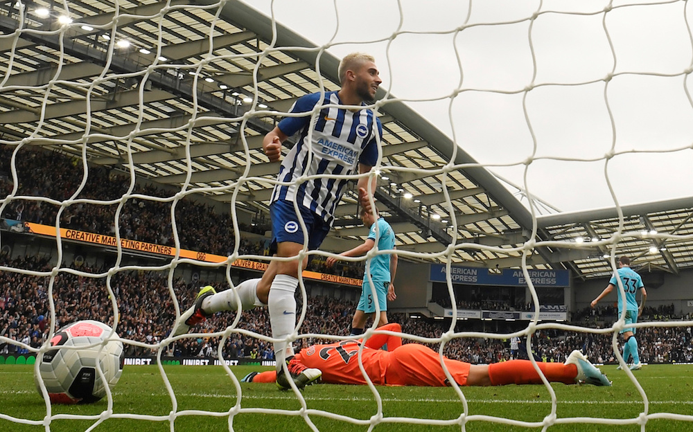 Brighton and Hove Albionu00e2u20acu2122s Neal Maupay celebrates after Aaron Connolly scores their third goal as Tottenham Hotspuru00e2u20acu2122s Paulo Gazzaniga looks dejected during their Premier League match in Brighton October 5, 2019. u00e2u20acu201d Reuters pic
