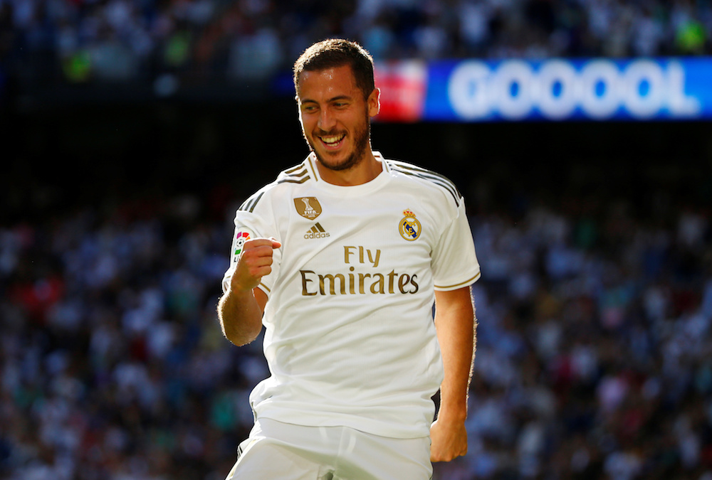 Real Madridu00e2u20acu2122s Eden Hazard celebrates scoring their second goal during the La Liga match with Granada at Santiago Bernabeu in Madrid October 5, 2019. u00e2u20acu201d Reuters pic