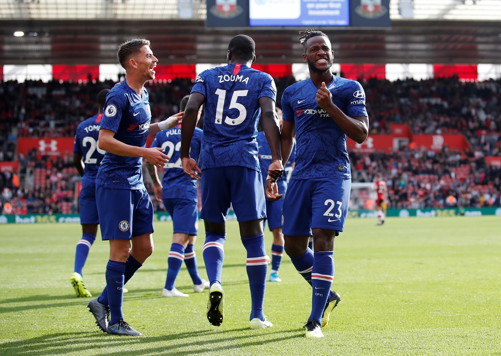 Chelsea's Michy Batshuayi celebrates scoring their fourth goal with Kurt Zouma and Jorginho at St Mary's Stadium, Southampton October 6, 2019. u00e2u20acu201d Reuters pic