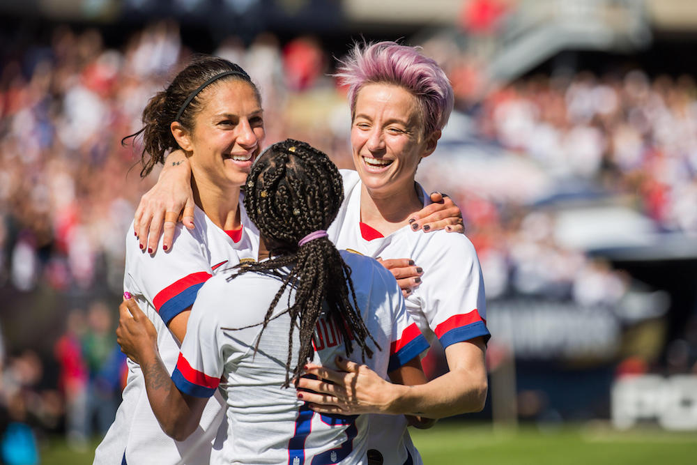 USu00e2u20acu2122 Carli Lloyd celebrates with Crystal Dunn and Megan Rapinoe after scoring a goal against South Korea during the USA Women's National Soccer Team Victory Tour in Chicago October 6, 2019. u00e2u20acu201d Trevor Ruszkowski-USA TODAY Sports pic via Reuters