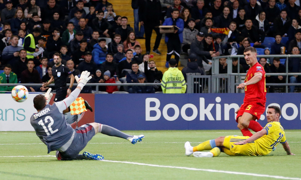 Belgiumu00e2u20acu2122s Thomas Meunier scores their second goal during the Euro 2020 Qualifier Group I match with Kazakhstan at Astana Arena in Nur-Sultan, Kazakhstan October 13, 2019. u00e2u20acu201d Reuters pic
