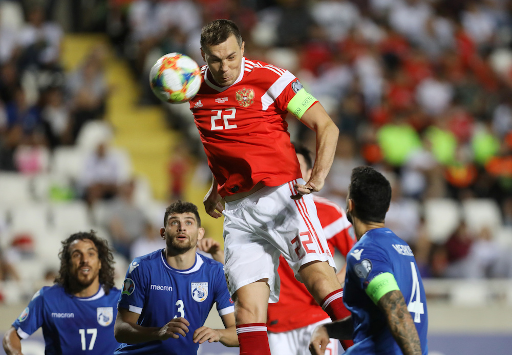 Russiau00e2u20acu2122s Artem Dzyuba scores their third goal during the Euro 2020 Qualifier Group I match with Cyprus at GSP Stadium in Strovolos, Cyprus October 13, 2019. u00e2u20acu201d Reuters pic