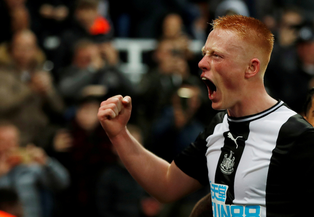 Newcastle Unitedu00e2u20acu2122s Matthew Longstaff celebrates scoring their first goal during the Premier League match with Manchester United at St Jamesu00e2u20acu2122 Park in Newcastle October 6, 2019. u00e2u20acu201d Action Images pic via Reuters