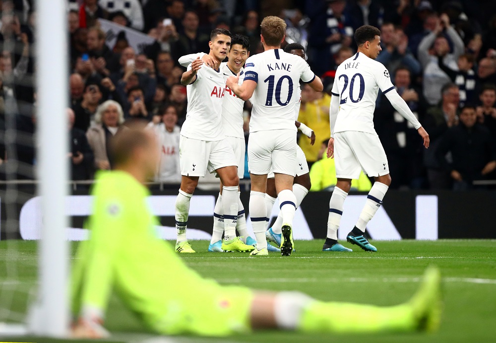 Tottenham Hotspuru00e2u20acu2122s Son Heung-min celebrates scoring their second goal against Red Star Belgrade with teammates Erik Lamela and Harry Kane at the Tottenham Hotspur Stadium in London October 22, 2019. u00e2u20acu201d Reuters pic